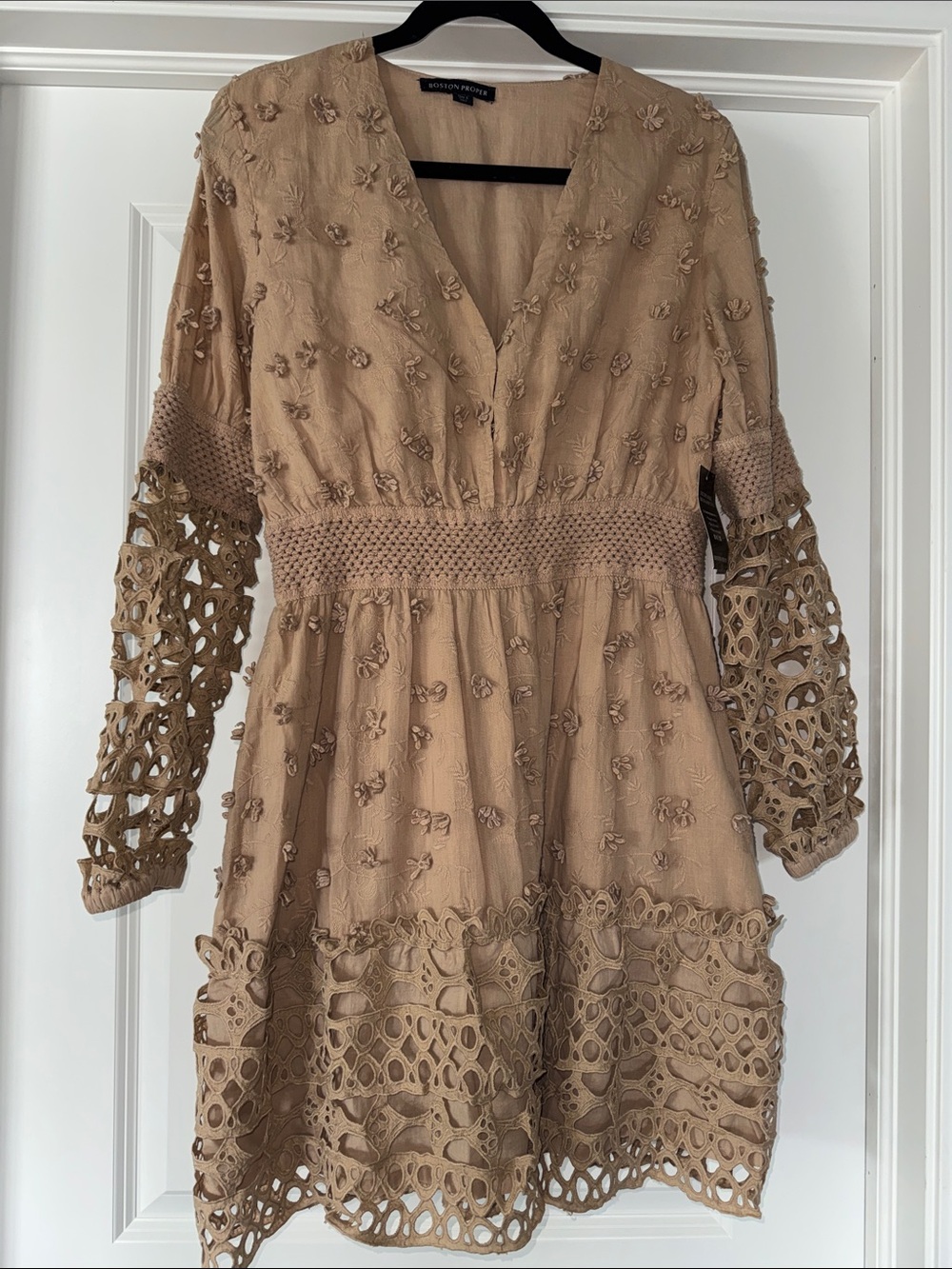 Boston Proper Beige Crochet-Trim Mini Dress
